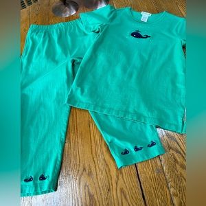 The Quacker Factory green Capri set w/blue whales. Size Small. Good condition.